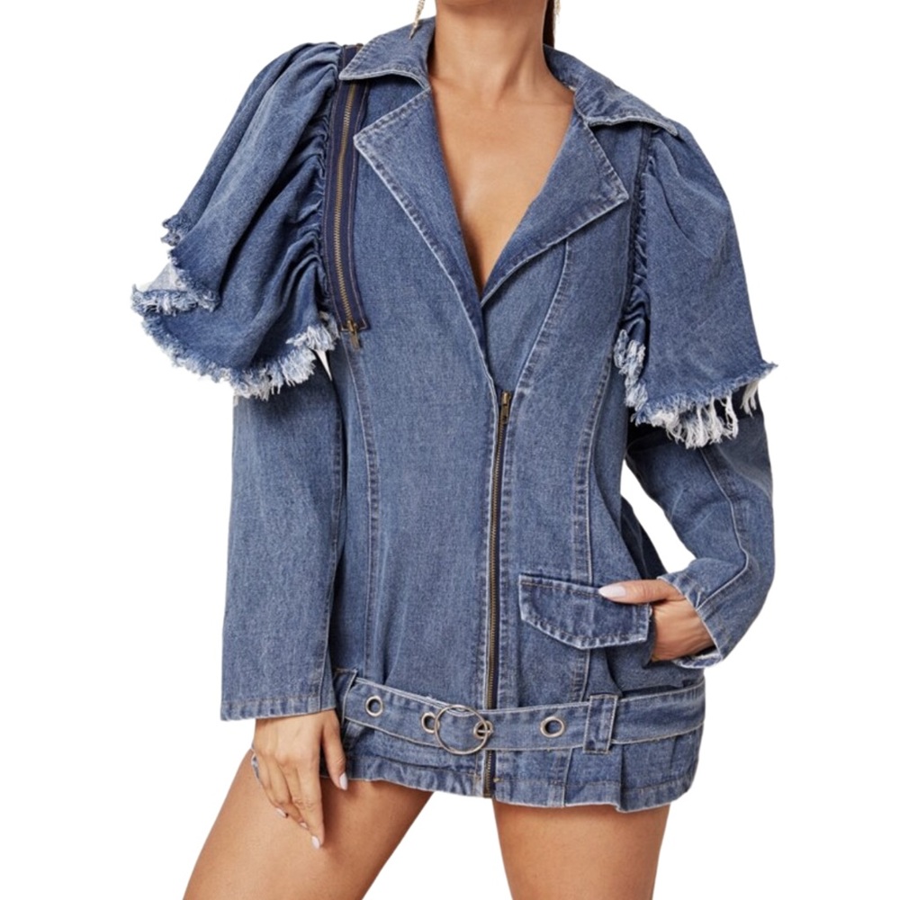 Ruffle Raw Trim Zip-Up Belted Denim Coat